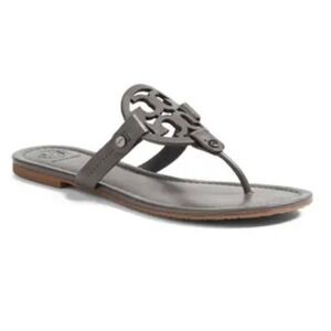 Tory Burch Miller Leather Logo Thong Sandals Dark Gray Medallion 8